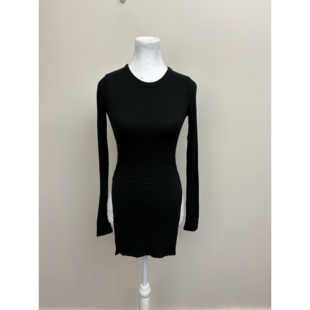 Naked Wardrobe Black Ribbed Long Sleeve High Slit Tunic Top Mini Dress Small S